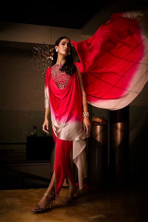 Pure Silk Satin Sangria Ombre Tunic with Tulip Pants – Babita M