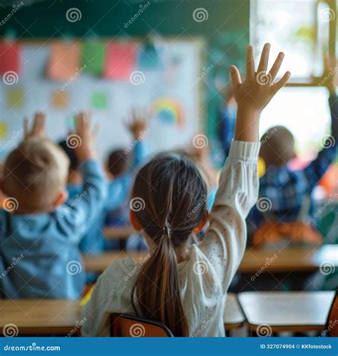 Elementary Schools Students Raising Their Hands in a Classroom Stock ...