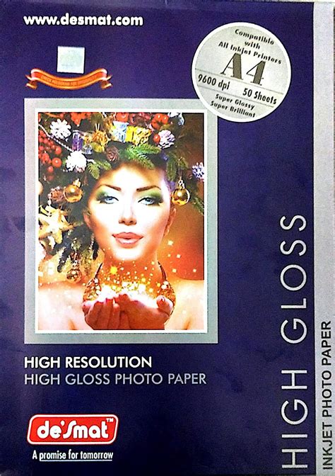Desmat Inkjet High Glossy Photo Paper - A4, 150 GSM, 50 Sheets, 9600dpi ...