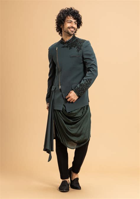 Green Satin Bandhgala and cowl kurta with Moti Work – MILLIONAIRE ...