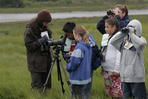 A Shorebird Sister School Program group learning about bird watching ...