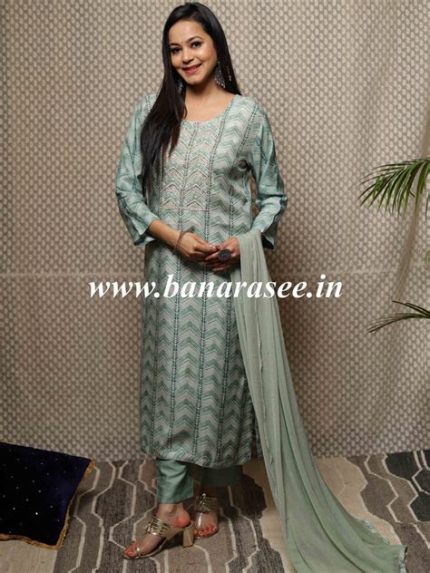 Banarasee Muslin Silk Kurta Pants With Chiffon Dupatta Suit Set-Pistac