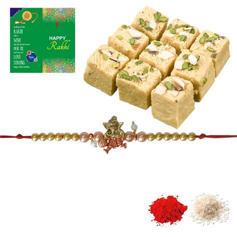 1 Moti Ganesh Rakhi Sweets for Brother Lalji Soan Papdi 400gm with ...