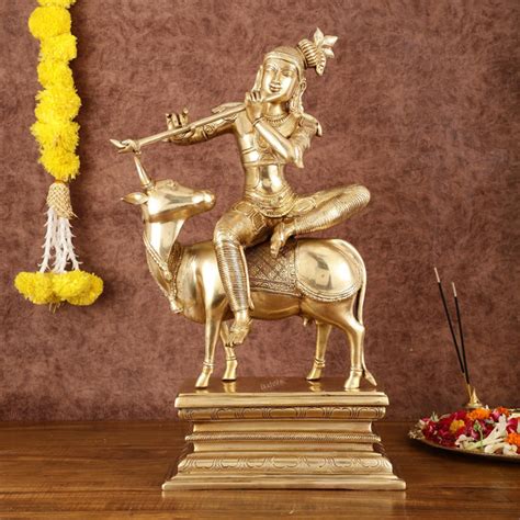 Brass Venugopal Krishna Seated on Cow Statue - 21" – Budhshiv.com