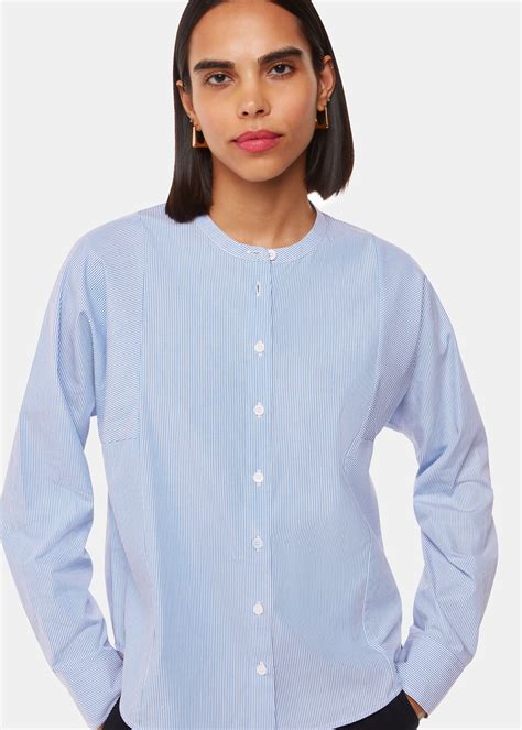 Blue/White Stripe Grandad Collar Shirt | WHISTLES | Whistles AU