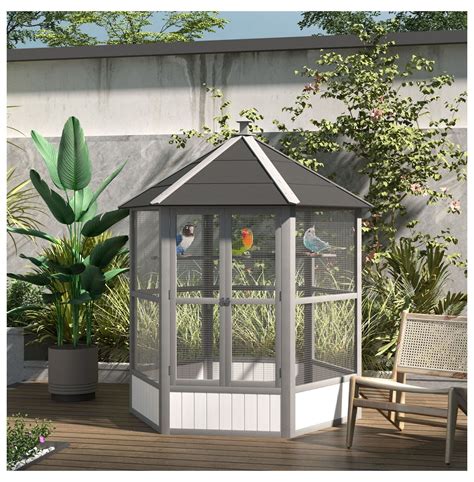 69" Hexagonal Bird Cage, Outdoor Aviary with Roof - Weather-Resistant Fir Wood Flight Cage for ...