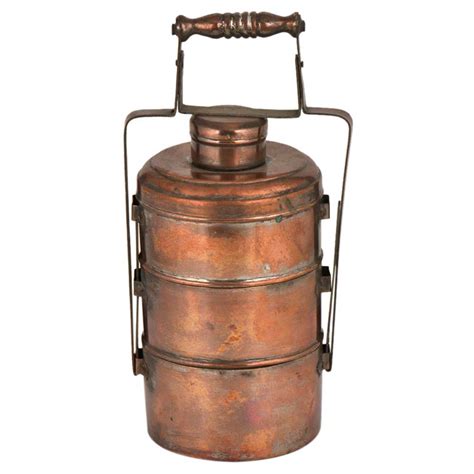 Copper Three Tier Tiffin Box With A Small Box on Top With Adjustable Handle