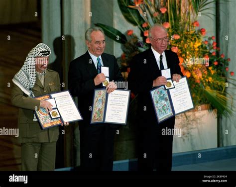 Oslo 19941210 The Nobel Peace Prize is awarded from v. Yasir Arafat, Shimon Peres and Yitzhak ...