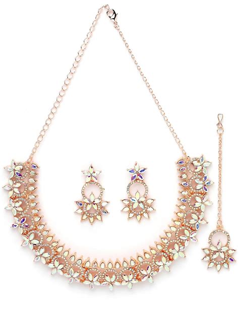 Sukkhi Detailed Rose Gold Plated Stone Floral Collar Bone Necklace Set ...
