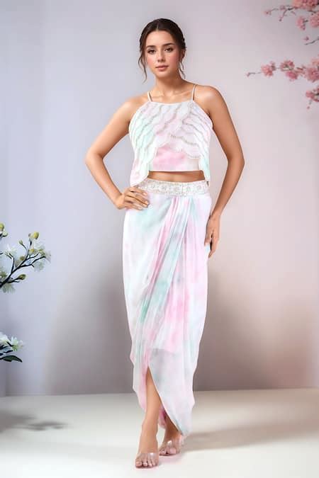 Buy Pink Crepe Embroidery Round Neck Hand Tunic With Draped Skirt For ...