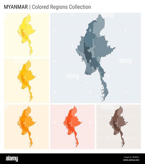 Myanmar map collection. Country shape with colored regions. Blue Grey, Yellow, Amber, Orange ...