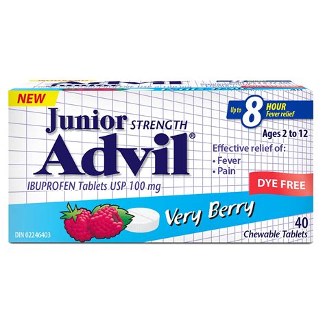 Junior Strength Advil Pain Reliever and Fever Reducer Ibuprofen Chewable Tablets, Dye Free, Very ...