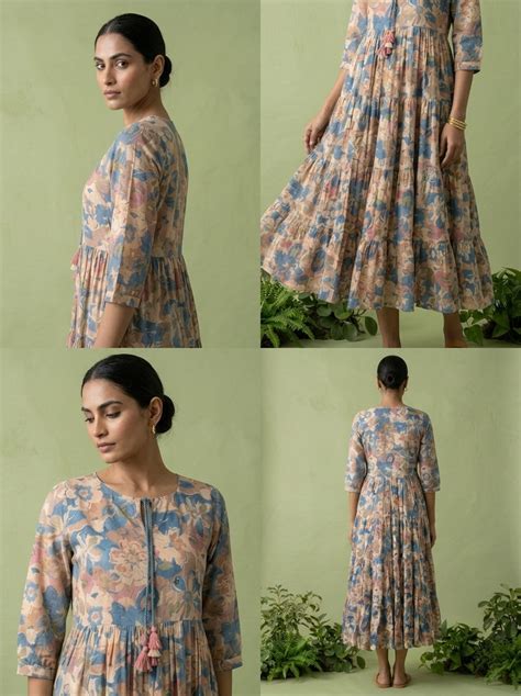Blue Cotton Floral Printed Dress - Neerus India