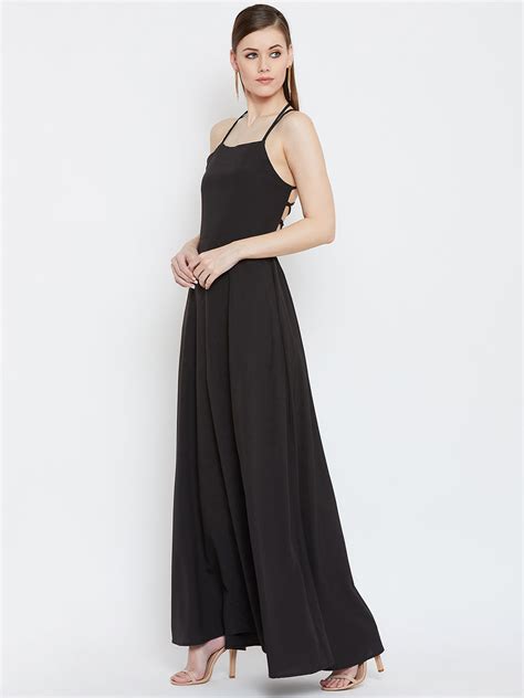 Berrylush Women Solid Black Square Neck Caged Back Tie-Up Flared Maxi