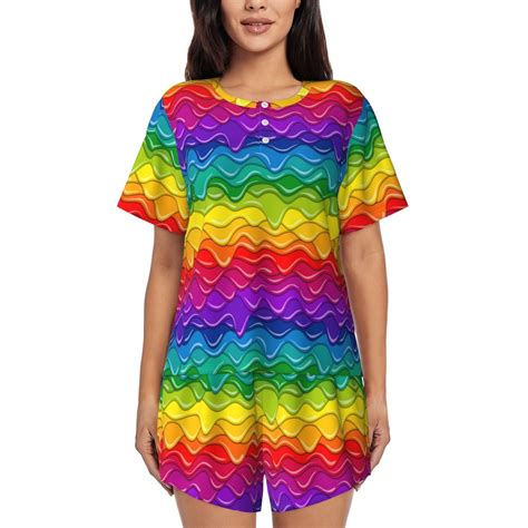 Rateoe Bright Rainbow Pattern Women's Short-Sleeved Pajama Set - 2 ...
