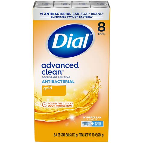 Dial Antibacterial Deodorant Bar Soap, Advanced Clean, Gold, 4 oz, 8 ...