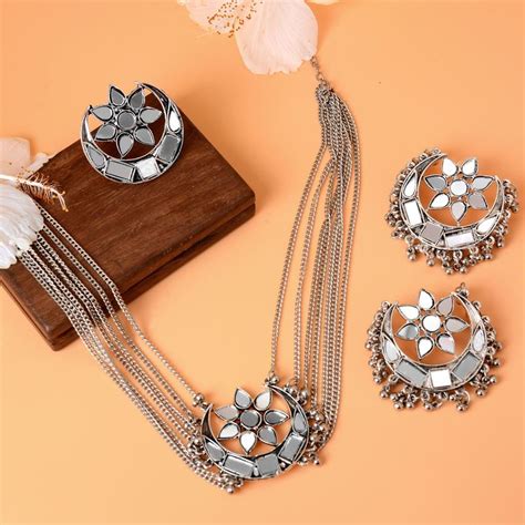 Buy Teejh Janvi Silver Oxidized Mirror Jewelry Gift Set Online