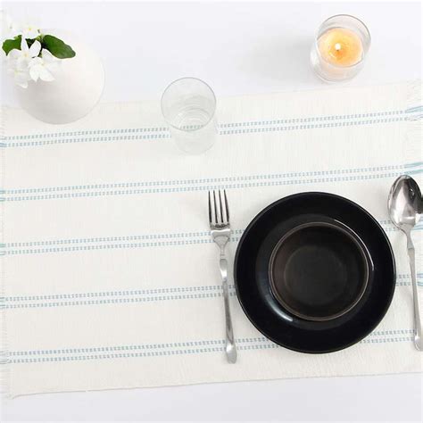 Set of 4 Woven Ribbed Placemats with Cameo Blue Stripes & Fringe
