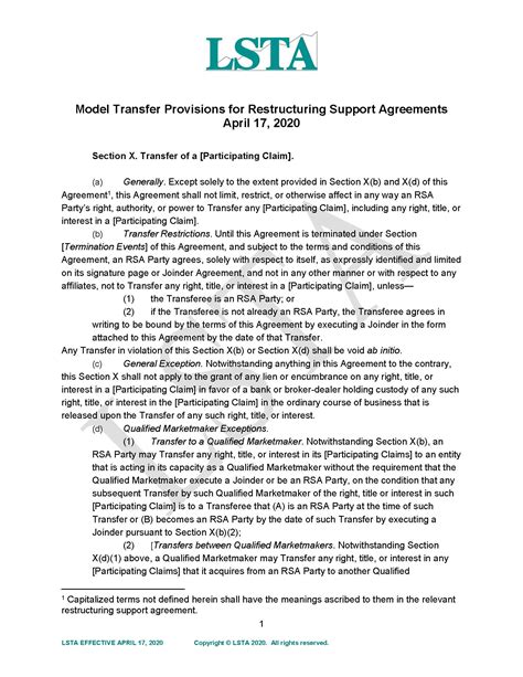 Model Transfer Provisions for Restructuring Support Agreements (RSAs ...