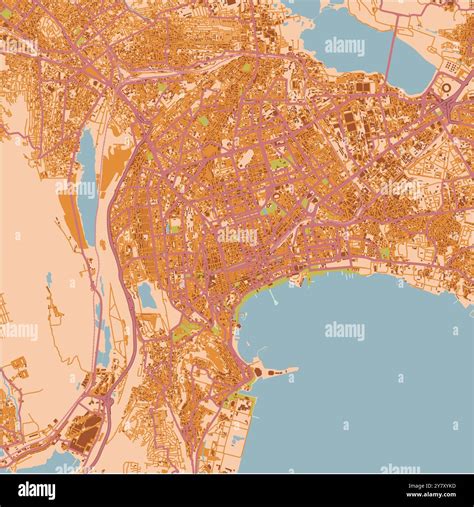 Map of Baku in Azerbaijan in a sandy theme. Contains layered vector with roads water, parks, etc ...