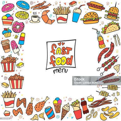 Set Of Colorful Fast Food Doodle On White Background Vector Burger ...