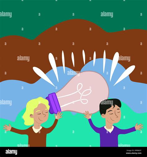 Two Colleagues Holding Lamp Presenting New Achievement Reached. Partners Raising Up Light Bulb ...