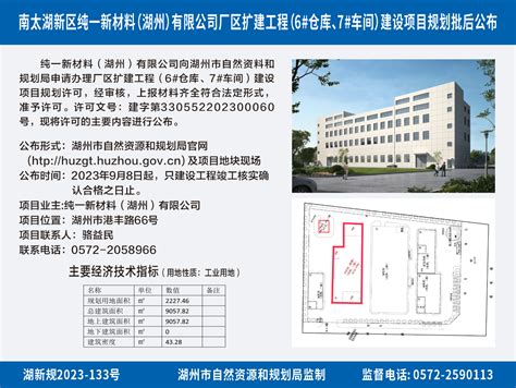 南太湖新区纯一新材料（湖州）有限公司厂区扩建工程（6#仓库、7#车间）建设项目规划批后公布