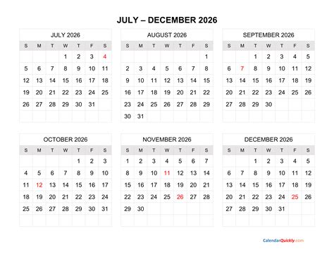 July to December 2026 Calendar Horizontal | Calendar Quickly