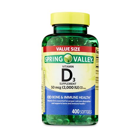 Spring Valley Vitamin D3 Supplement Softgels for Bone and Immune Health ...