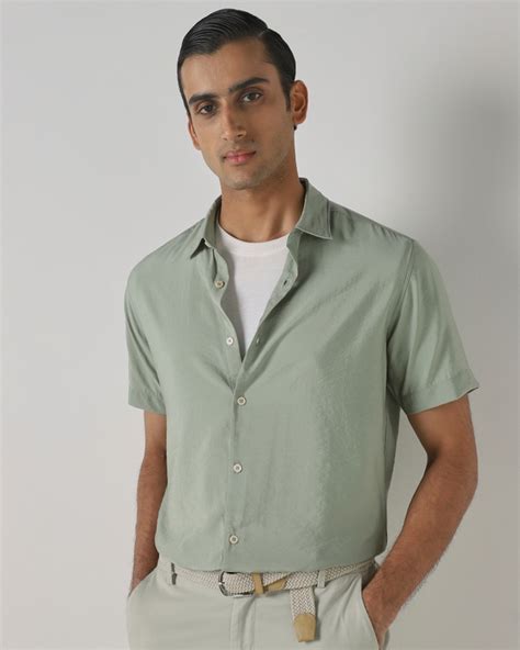 Buy Light Green Scuba Stretch Plain Slim Fit Casual Shirt Online at ...