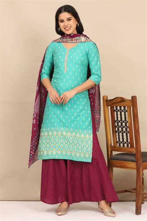 Buy Green Foil Printed Embellished Straight Kurta, Flared Palazzo and ...