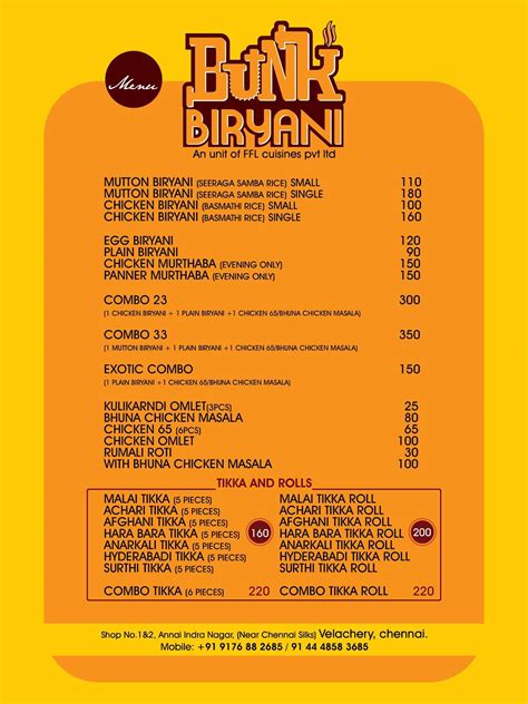 Menu at BUNK BIRYANI, Chennai