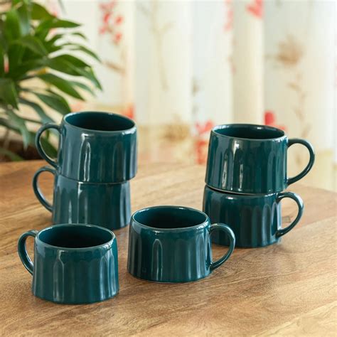 ExclusiveLane 'Aqua' Ceramic Tea And Coffee Mugs (Set of 6, 250 ML, Mi