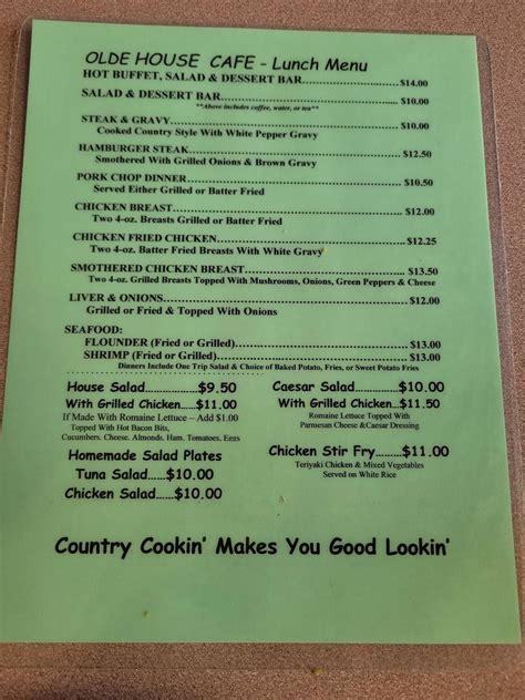 Menu at Olde House Cafe, Walterboro