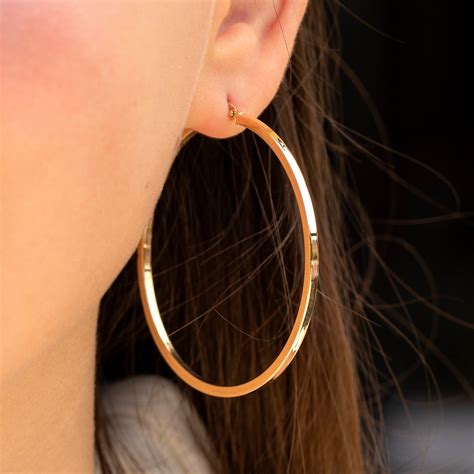 14K Gold Big Round Hoops, Yellow Gold Large Earrings, Real Gold Large ...