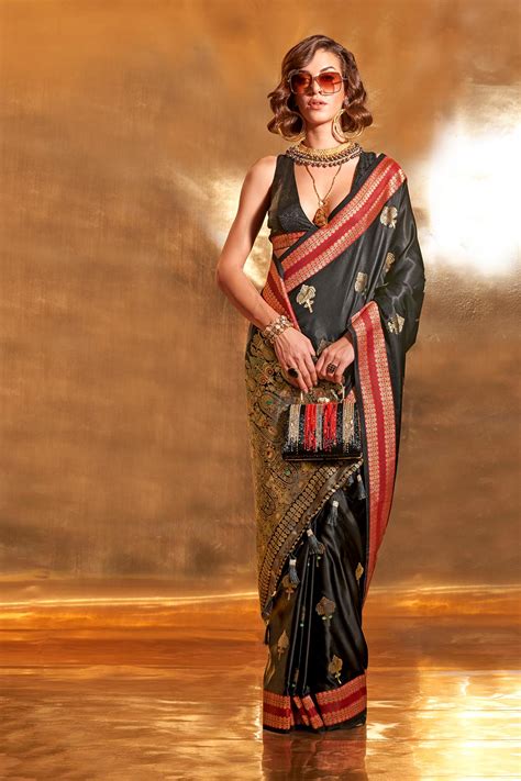 Natasha Black Pure Satin Foil Print One Minute Saree – ONE MINUTE SAREE ...