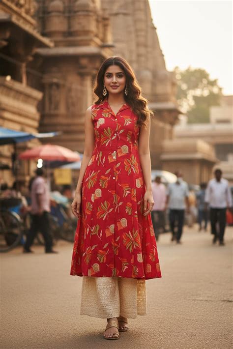 Red Floral Sleeveless Aline Kurti (IB049) – Inilan Boutique