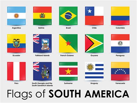 Set of South America flags. Simple square-shaped flags on gray ...