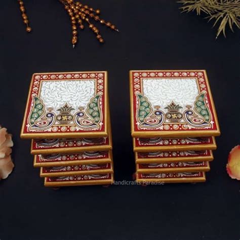 Handicrafts Paradise Marble Octagonal Puja Chowki Painted with Peacock ...