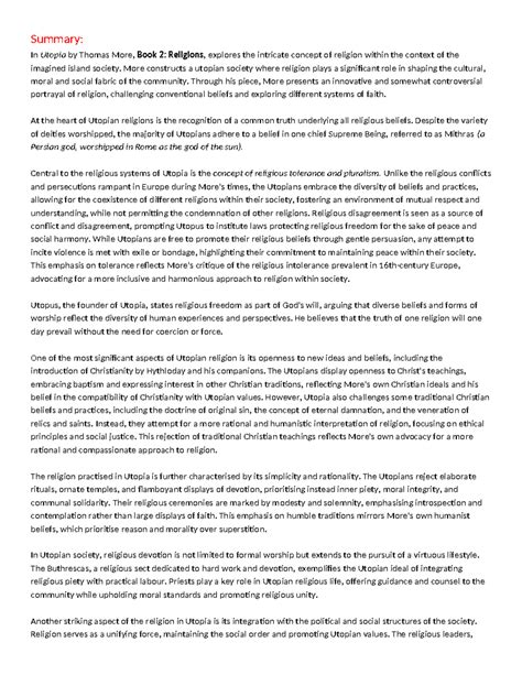 Religions - Notes on 'Utopia' - Summary: In Utopia by Thomas More, Book 2: Religions, explores ...