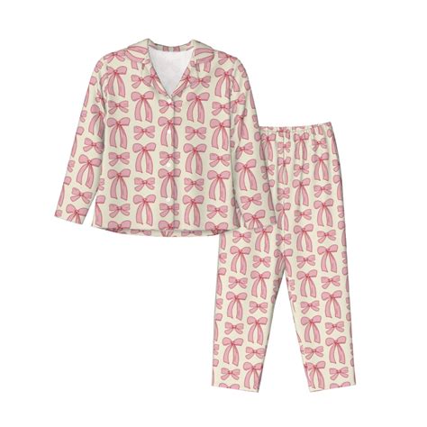 Fotbe pink hand drawn bows Pattern Long Sleeve Pajama Set for Women ...