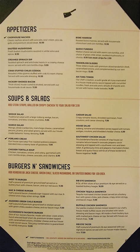 Menu at West Texas Chophouse steakhouse, El Paso