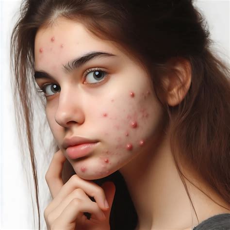 Young girl with pustule acne on her face closeup in full white ...