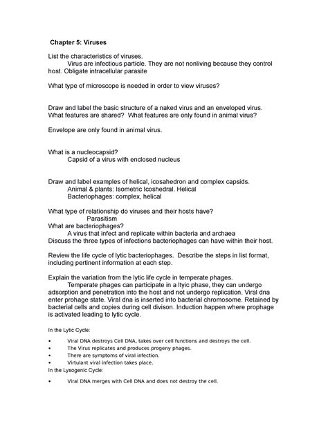 Chapter 5 viruses - Notes - Chapter 5: Viruses List the characteristics of viruses. Virus are ...