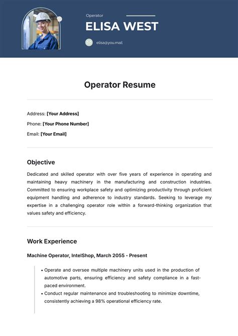 Free Heavy Equipment Operator Resume Template to Edit Online