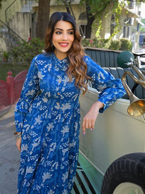 Divena Blue Floral Print Cotton Fabric Flared Dress – divena world