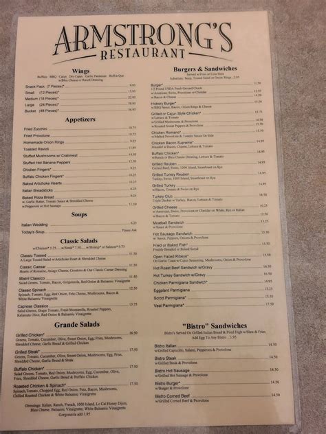 Menu at Armstrong's restaurant, Pittsburgh