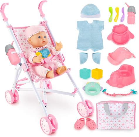 Amazon.com: deAO Baby Doll Stroller Set with 13 inch Doll,Kids Play ...