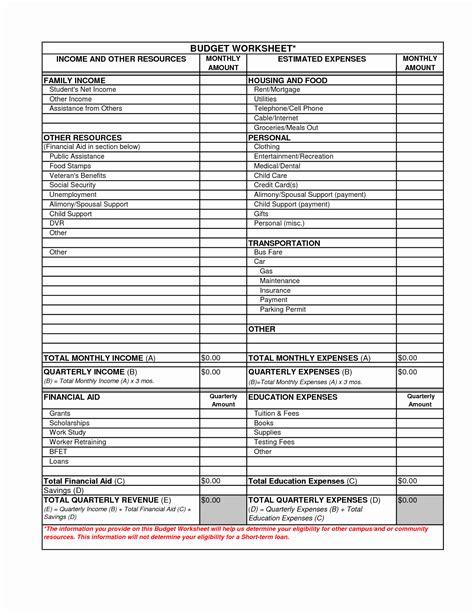 Monthly Budget Expense Worksheet Printable