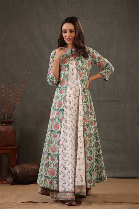 Mint green block printed double layered dress – Shuddhistore